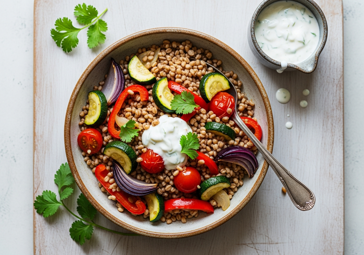 Bowl caliente de trigo tierno y verduras asadas 22 febrero 2026 imagen