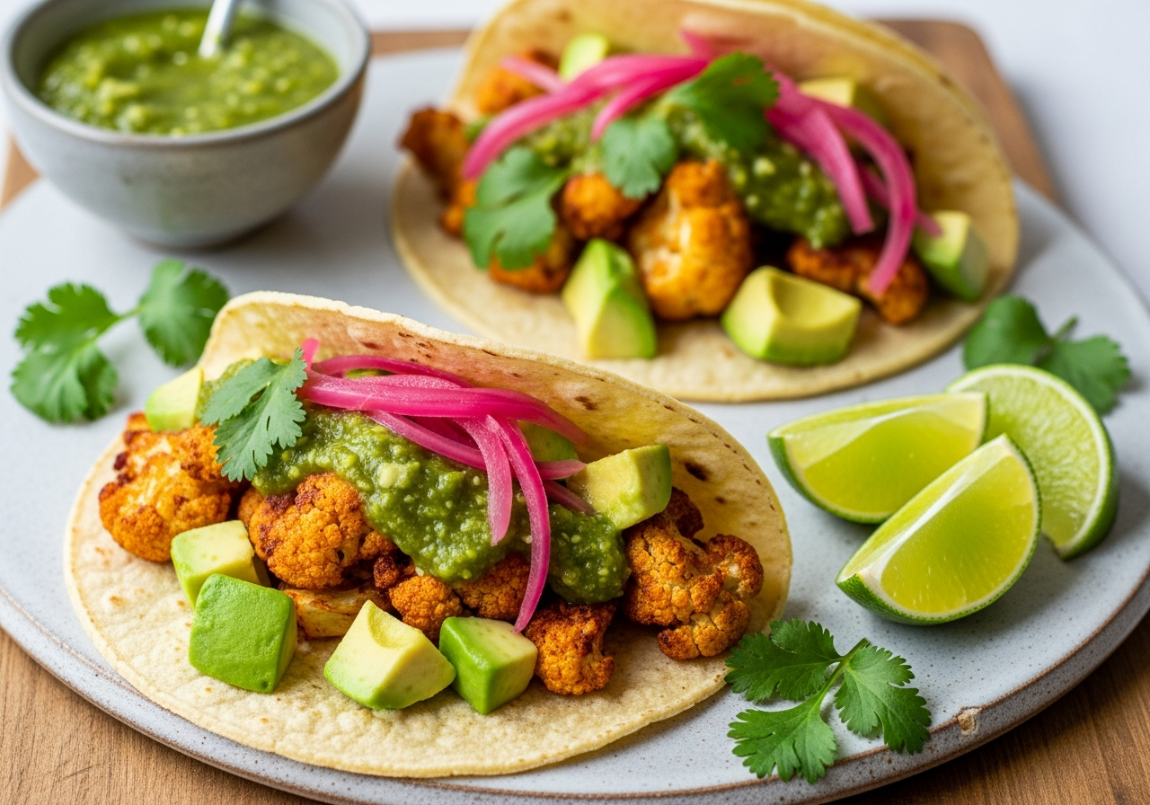 Tacos crujientes de coliflor al pimentón con salsa verde 3 marzo 2026 imagen
