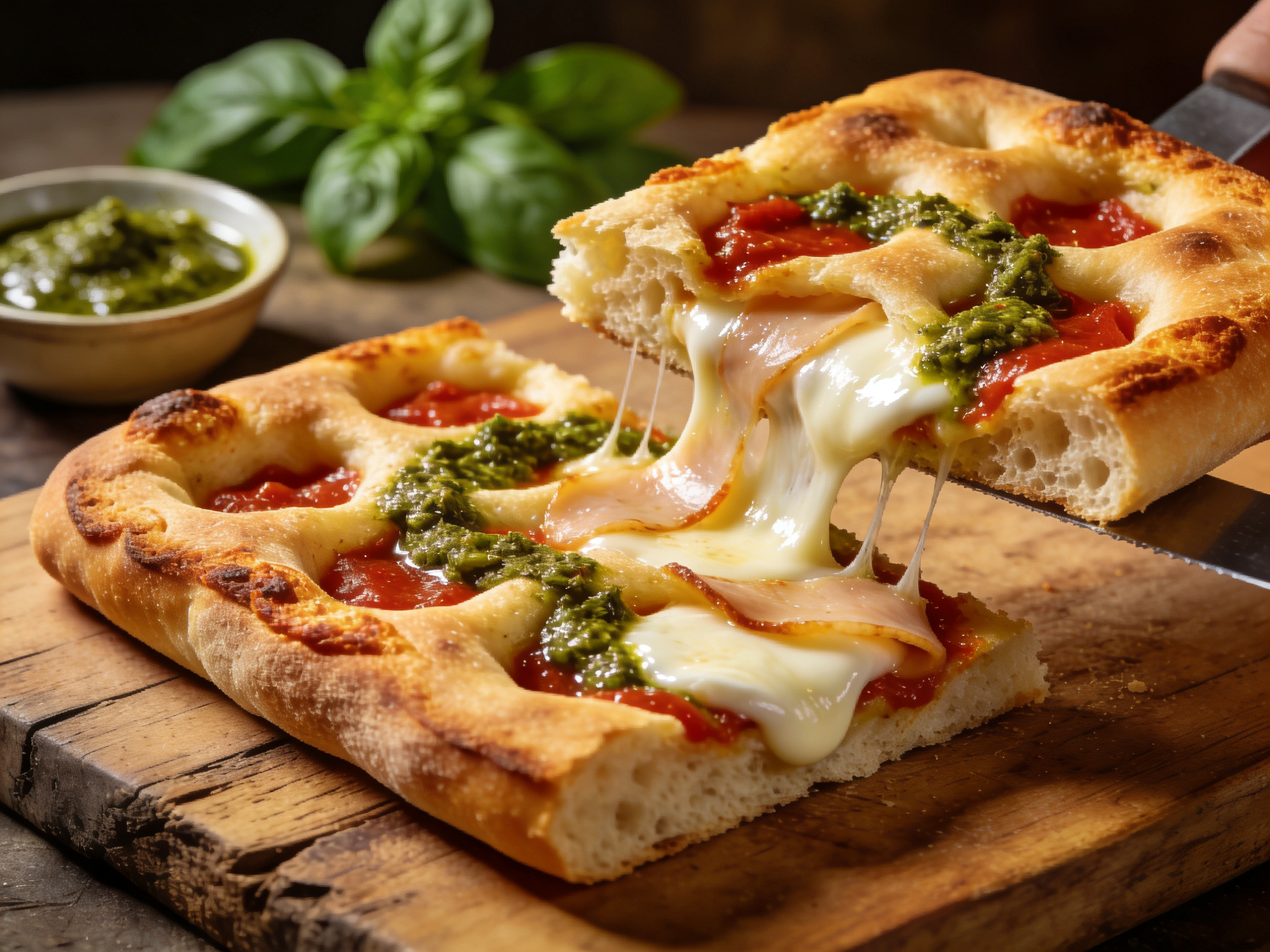 Focaccia rellena de mozzarella ahumada y pesto rojo 20 junio 2026 imagen